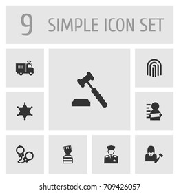 Set Of 9 Criminal Icons Set.Collection Of Lawyer, Judge Gavel, Truck And Other Elements.
