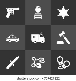 Set Of 9 Criminal Icons Set.Collection Of Judge Gavel, Revolver, Truck And Other Elements.