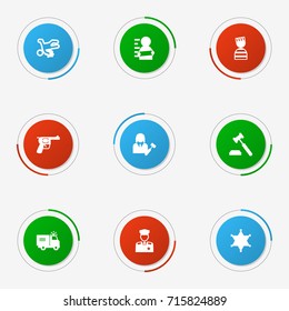 Set Of 9 Criminal Icons Set.Collection Of Victim, Officer Emblem, Lawyer And Other Elements.