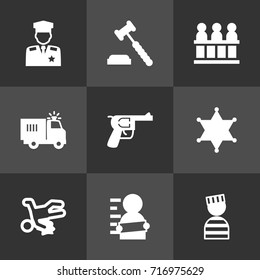 Set Of 9 Criminal Icons Set.Collection Of Jury, Policeman, Prisoner And Other Elements.
