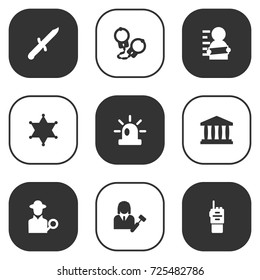 Set Of 9 Criminal Icons Set.Collection Of Lawyer, Inspector, Officer Emblem And Other Elements.