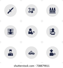Set Of 9 Criminal Icons Set.Collection Of Victim, Policeman, Jury And Other Elements.