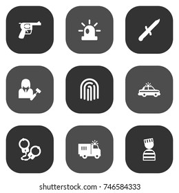 Set Of 9 Criminal Icons Set.Collection Of Truck, Revolver, Lawyer And Other Elements.