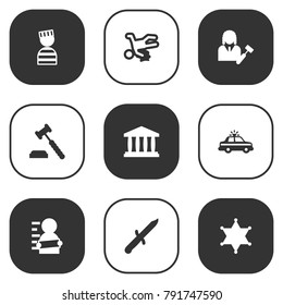 Set Of 9 Criminal Icons Set.Collection Of Lawyer, Victim, Suspicious And Other Elements.