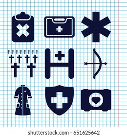 Set of 9 cross filled icons such as case with heart, medical sign, medical kit, hospital, nurse gown, cemetery, bow
