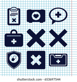 Set of 9 cross filled icons such as case with heart, clipboard, medical kit, medical cross, health insurance, first aid kit, cross