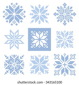 Set of 9 cross-stitch snowflakes pattern, Scandinavian style. Geometric  ornament for embroidery.  Perfect for Christmas design.   Vector illustration