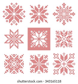 Set of 9 cross-stitch snowflakes pattern, Scandinavian style. Geometric redwork ornament for embroidery.  Perfect for Christmas design.   Vector illustration