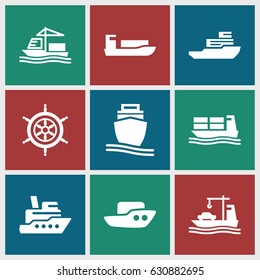 set of 9 cruise filled icons such as boat, cargo ship, helm