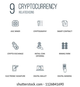 Set of 9 Cryptocurrency Related line Icons. Contains such Icons as bitcoin, Cryptocurrency, alt coin and more. concept symbol creative design. Can be used for web UI/UX