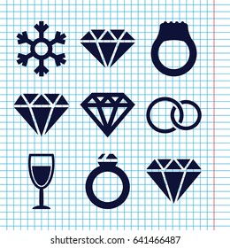 Set of 9 crystal filled icons such as diamond, diamond, rings, wine glass, snowflake, gem