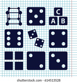 Set of 9 cube filled icons such as ABC cube, Dice, dice