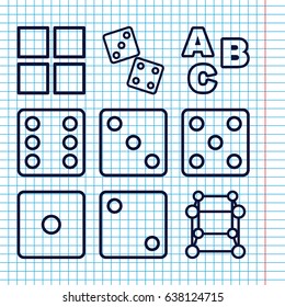 Set of 9 cube outline icons such as dice, cube, abc