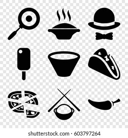 Set of 9 cuisine filled icons such as taco, pizza, pepper, hat and bow, bowl, pan, asian food, soup