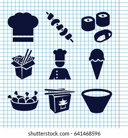 Set of 9 cuisine filled icons such as chinese fast food, chicken leg, noodles fast food, kebab, chef, chef hat, bowl, sushi