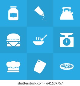 Set Of 9 Culinary Icons Set.Collection Of Pepperoni, Teapot, Sandwich Elements.