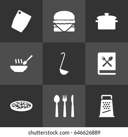 Set Of 9 Culinary Icons Set.Collection Of Pepperoni, Kitchen Rasp, Cutting Surface And Other Elements.