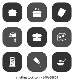 Set Of 9 Culinary Icons Set.Collection Of Kitchen Rasp, Loaf, Saucepan And Other Elements.