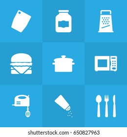 Set Of 9 Culinary Icons Set.Collection Of Kitchen Rasp, Cutting Surface, Electronic Oven And Other Elements.