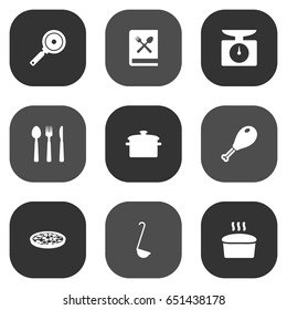 Set Of 9 Culinary Icons Set.Collection Of Loaf, Pepperoni, Weighing Machine And Other Elements.