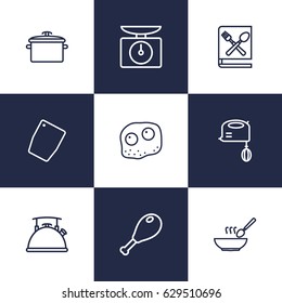 Set Of 9 Culinary Outline Icons Set.Collection Of Kettle, Mixer, Pan And Other Elements.