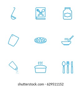 Set Of 9 Culinary Outline Icons Set.Collection Of Chopping Board, Ladle, Cutlery And Other Elements.