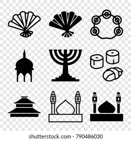 Set of 9 culture filled and outline icons such as mosque, fan, menorah, tambourine, sushi