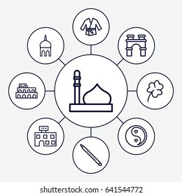 Set of 9 culture outline icons such as mosque, coliseum, arch, spa building, clover, yin yang, musical pipe