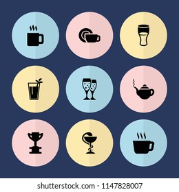 Set of 9 cup filled icons such as teapot, trophy, tea, drink, cocktail, mug, dish, glasses clink