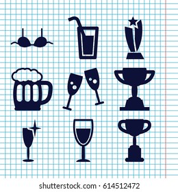 Set of 9 cup filled icons such as clean wine glass, bra, wine glass, beer mug, cocktail, trophy