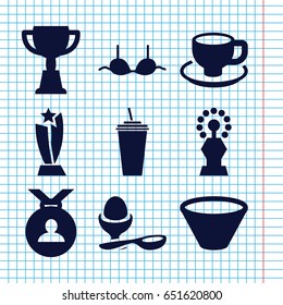 Set of 9 cup filled icons such as bra, medal, trophy, drink, coffee cup, boiled egg