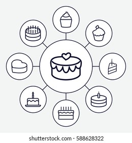 Set of 9 cupcake outline icons such as cake with one candle, muffin, heart cake