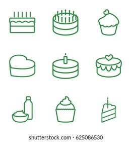 set of 9 cupcake outline icons such as drink and food, muffin, heart cake, heart lock, cake