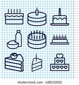 Set of 9 cupcake outline icons such as cake with one candle, drink and food, cake