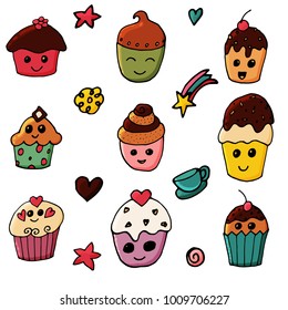 Set of 9 cupcakes in hand drawn style. Cute characters for print, stickers and nursery decor. Vector illustration. Isolated on white