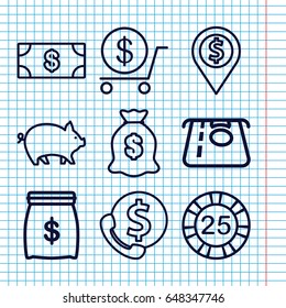 Set of 9 currency outline icons such as pig, money, 25 casino chip, atm money withdraw, dollar, money sack, bank support
