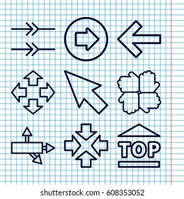 Set of 9 cursor outline icons such as arrow right, top of cargo box, arrow, pointer, move, hands