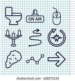 Set of 9 curve outline icons such as mouse, toilet, open air, candlestick, smoke, curved arrow, heartbeat, forward