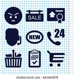 Set of 9 customer filled icons such as angry emot, clipboard, sale tag, bill of house sell, shopping bag, shopping cart, 24 hours support, support
