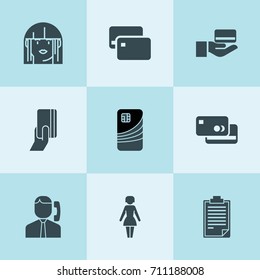 Set of 9 customer filled icons such as credit card, credit card in hand, call center, woman, clipboard