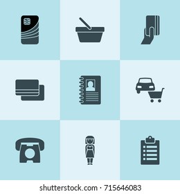 Set Of 9 Customer Filled Icons Such As Clipboard, Car Shop, Contact Book, Woman, Shopping Bucket, Desk Phone, Credit Card