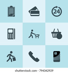 Set of 9 customer filled icons such as credit card, clipboard, call, 24 hours, pos terminal, shopping basket, man with shopping cart