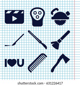 Set of 9 cut filled icons such as comb, shaving brush, electric razor, saw blade, axe, scalpel, i love you