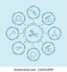 Set of 9 cut outline icons such as scissors, axe, secateurs, stationery knife, circular saw, movie clapper, puzzle