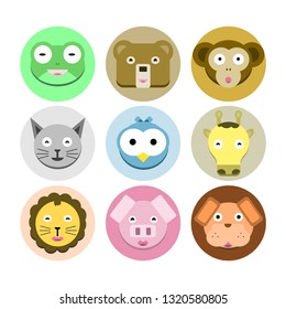 Set of 9 cute animal face icons (including green frog,brown bear,brown monkey,grey cat,blue bird,cream giraffe,yellow lion,pink pig,orange dog),Flat design cartoon.