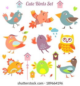 Set of 9 cute birds in vector. Cartoon collection. Funny little bird family.