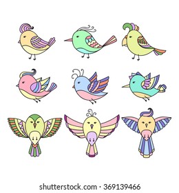 Set of 9 cute birds in vector. Colorful birds doodle collection.