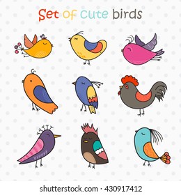Conjunto de 9 pájaros lindos en vector. Colorida colección de doodles de aves.