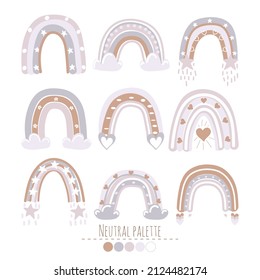 Set of 9 cute boho style rainbows with decorative elements. Drawing by hand. Childish cartoon illustration isolated on white background. Neutral color palette.