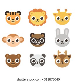 Set of 9 cute cartoon animal heads in simple flat style.